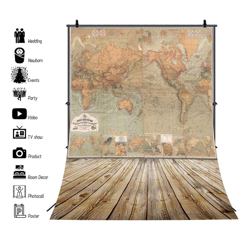 AOFOTO 8x10ft Vintage World Map Photography Nostalgic Backdrops Artistic Backdground Retro Wooden Floors Adult Boy Man Younger Kid Toddler Girl Portrait Photo Shoot Studio Props Vinyl - Image 3